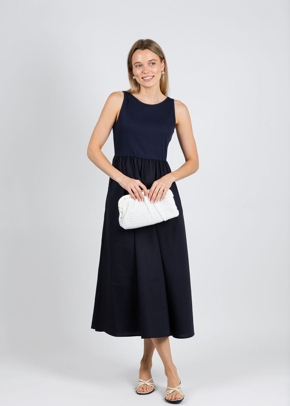 Elliott Lauren Rib Knit Woven Combo Dress in Navy available at Barbara Katz