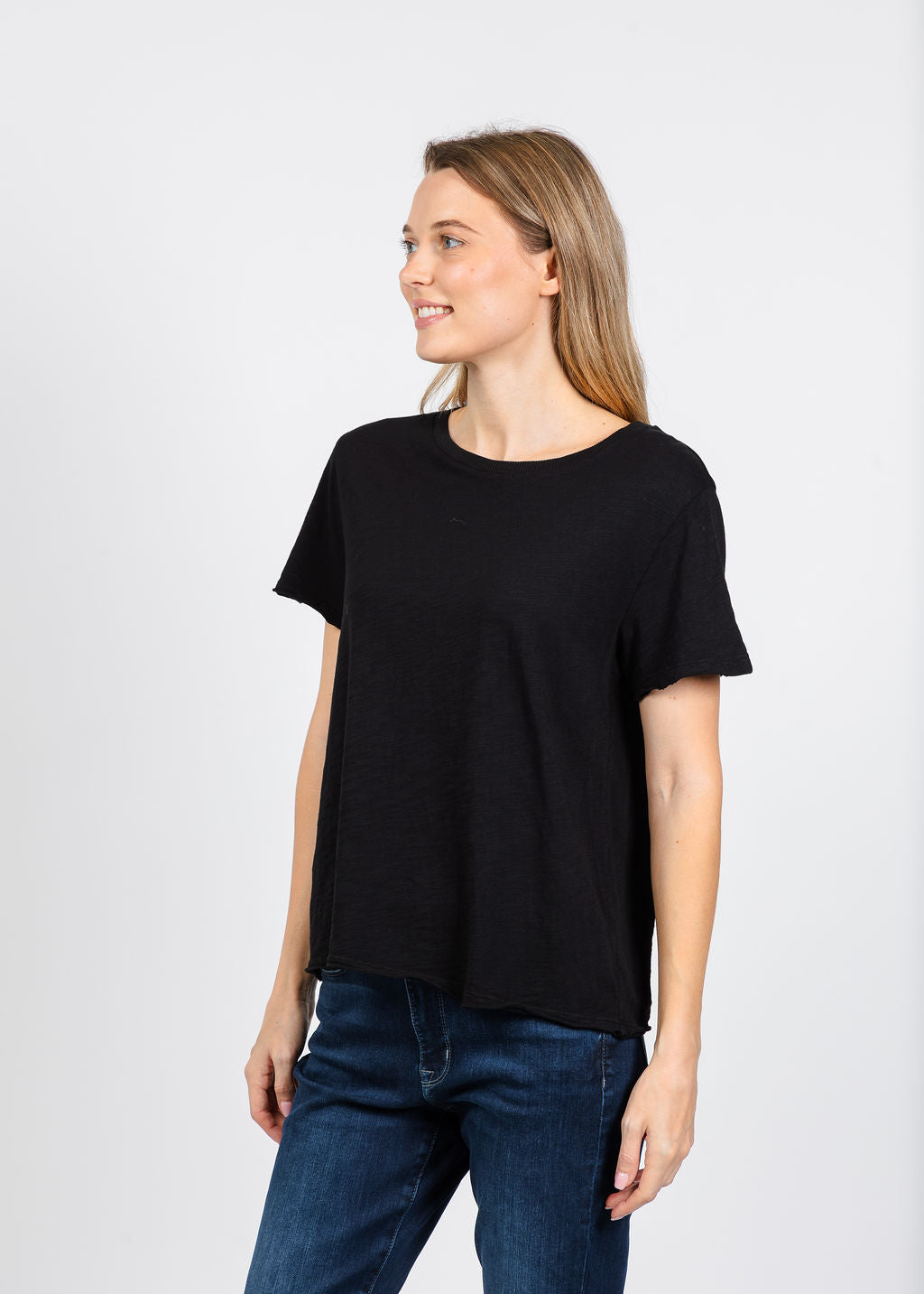 Elliott Lauren Short Sleeve Raw Hem Tee in Black available at Barbara Katz