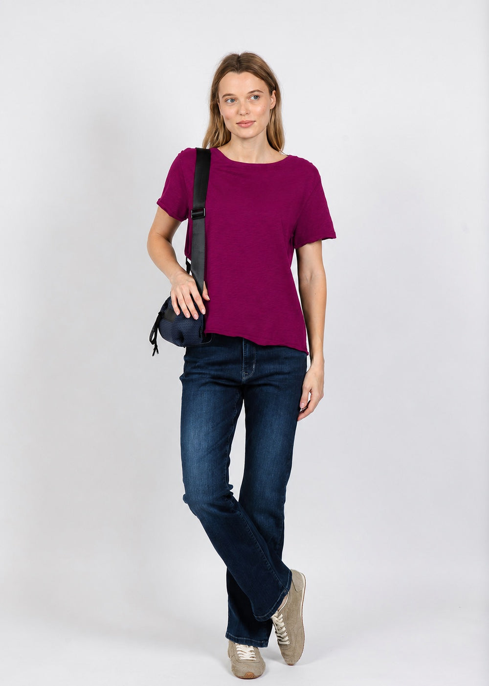 Elliott Lauren Short Sleeve Raw Hem Tee in Mulberry available at Barbara Katz