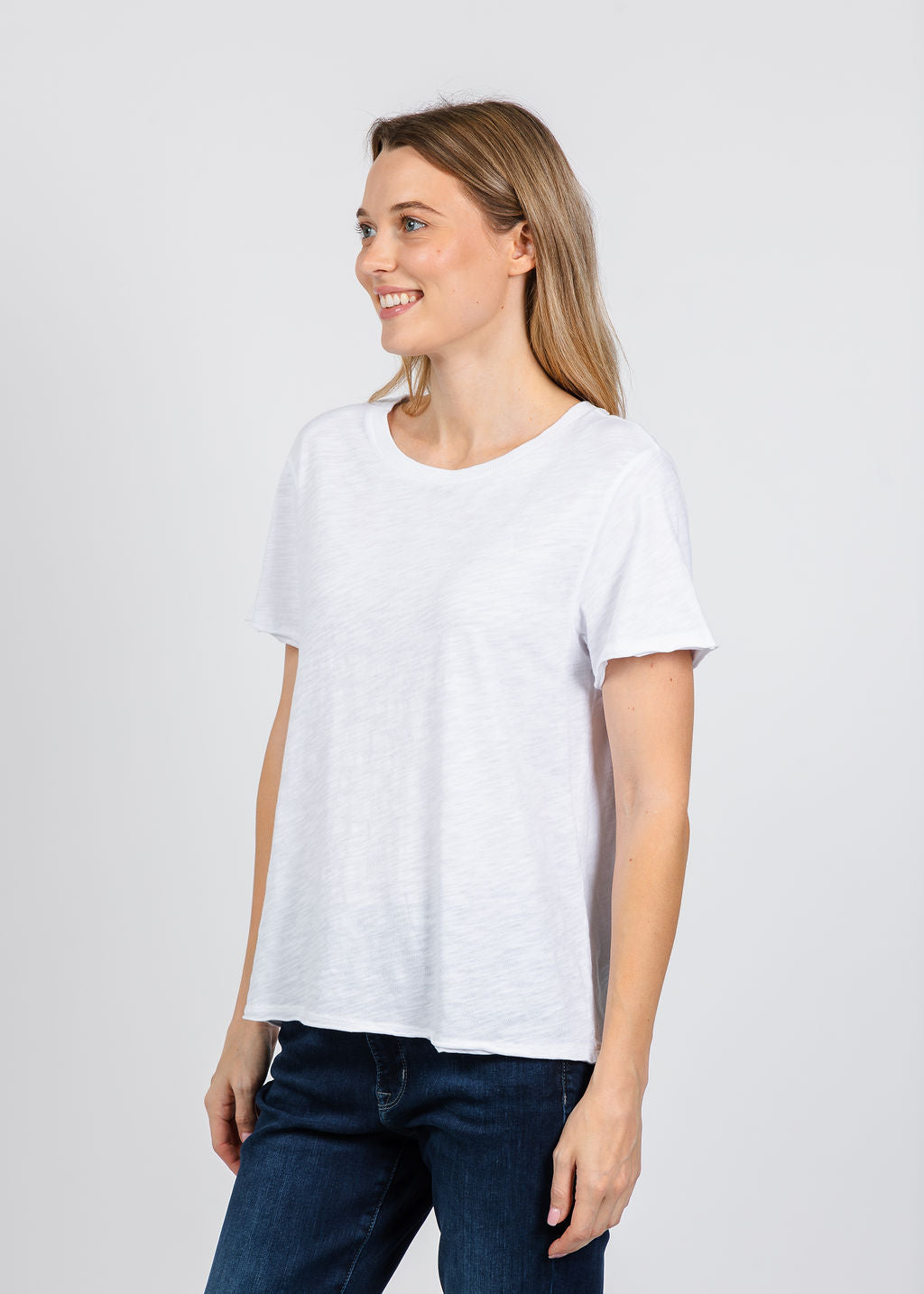 Elliott Lauren Short Sleeve Raw Hem Tee in White available at Barbara Katz