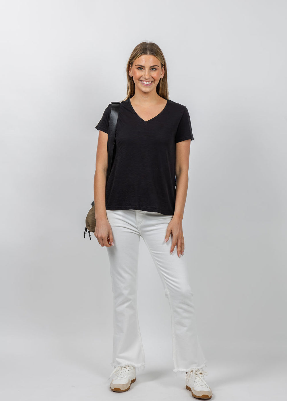 Elliott Lauren Short Sleeve V-Neck Tee in Black available at Barbara Katz