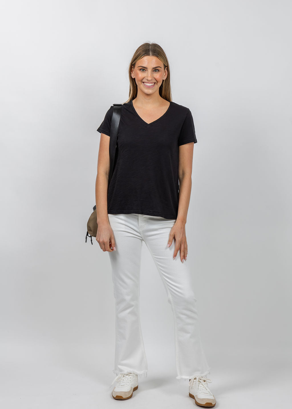 Elliott Lauren Short Sleeve V-Neck Tee in Black available at Barbara Katz