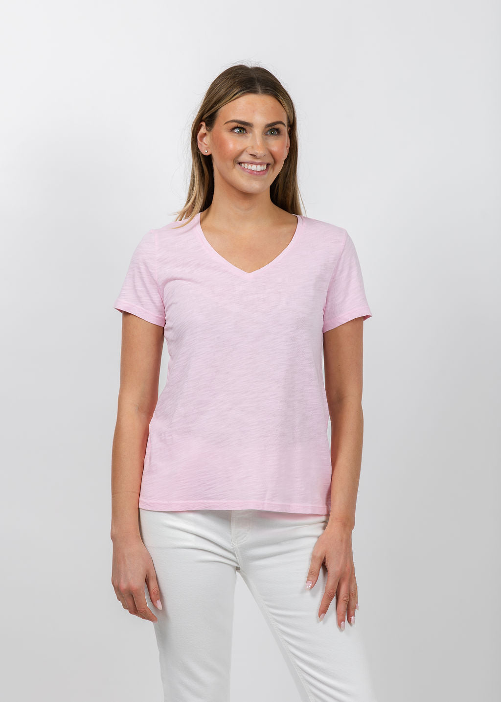 Elliott Lauren Short Sleeve V-Neck Tee in Petal available at Barbara Katz