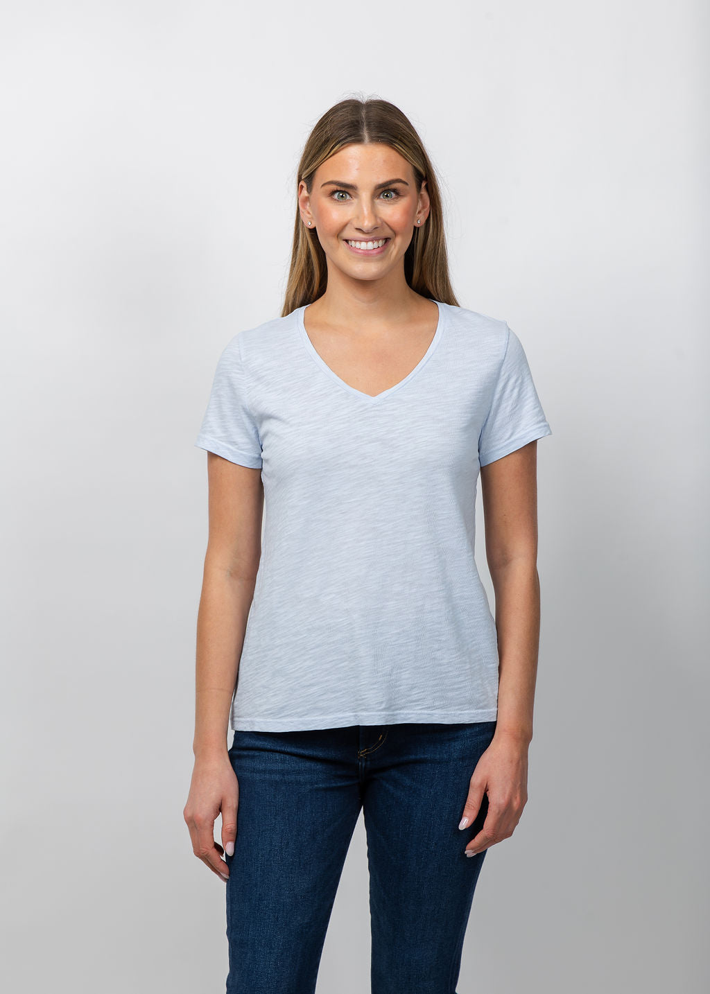 Elliott Lauren Short Sleeve V-Neck Tee in Sky available at Barbara Katz