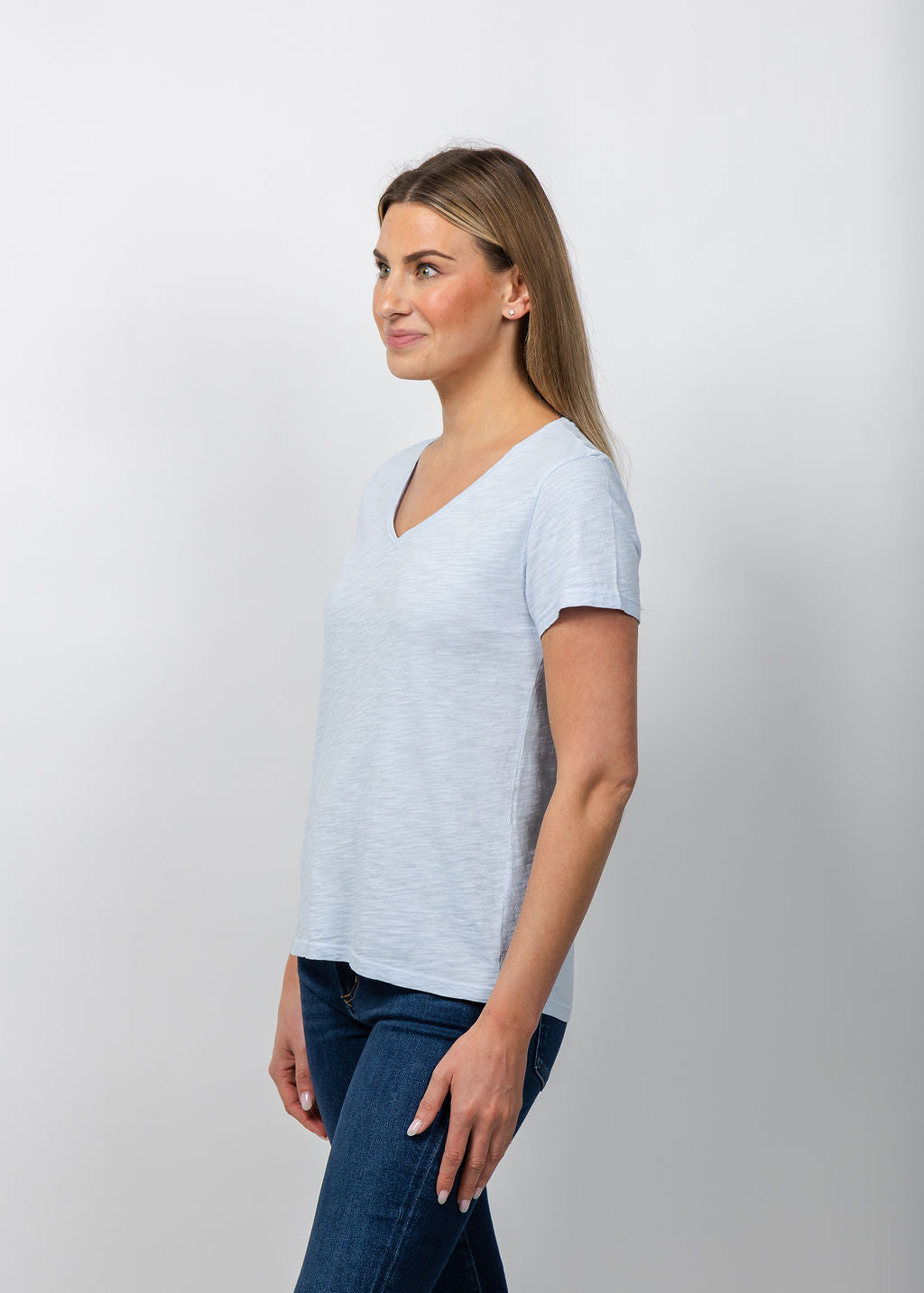 Elliott Lauren Short Sleeve V-Neck Tee in Sky available at Barbara Katz