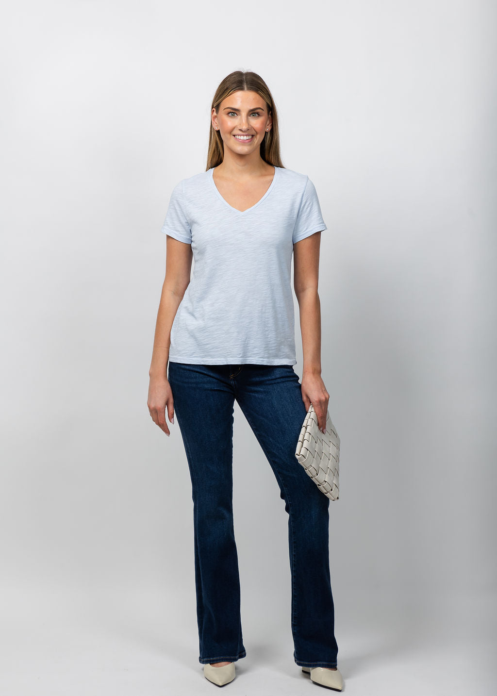 Elliott Lauren Short Sleeve V-Neck Tee in Sky available at Barbara Katz