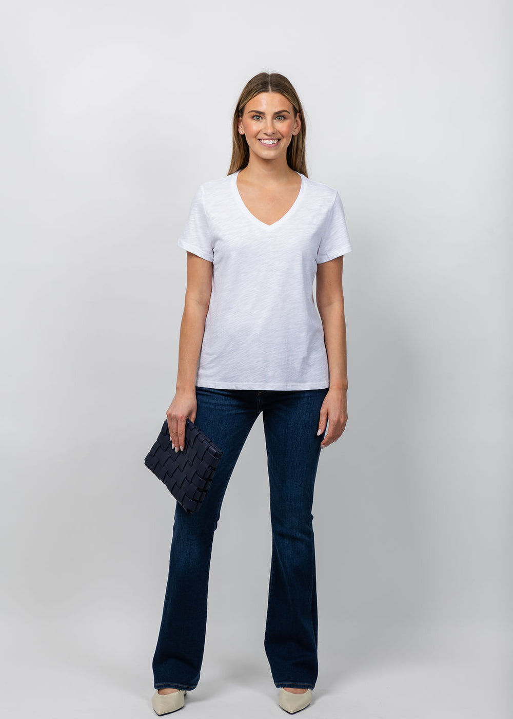 Elliott Lauren Short Sleeve V-Neck Tee in White available at Barbara Katz