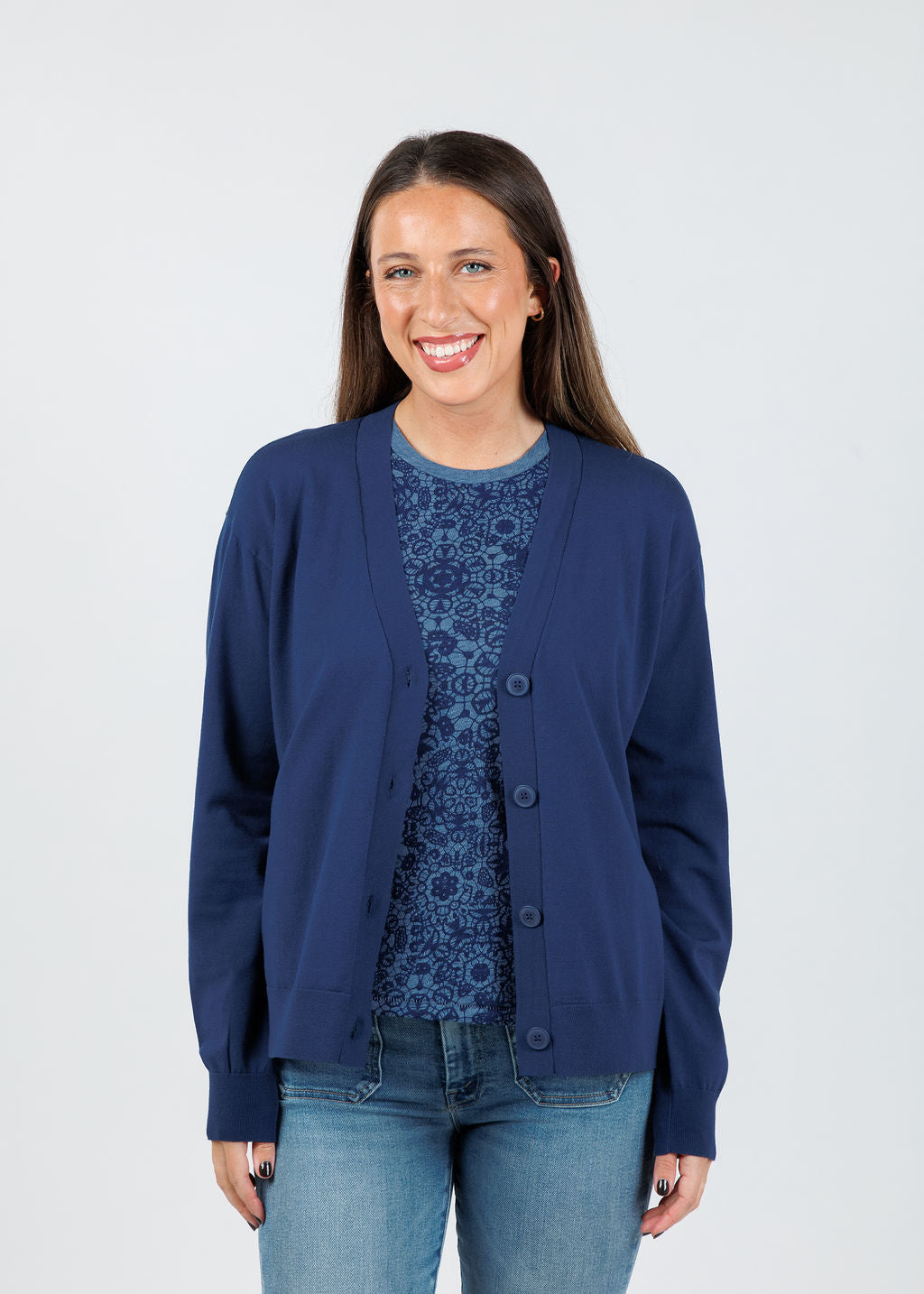 Elliott Lauren Side Vent Cardigan in Caspian available at Barbara Katz