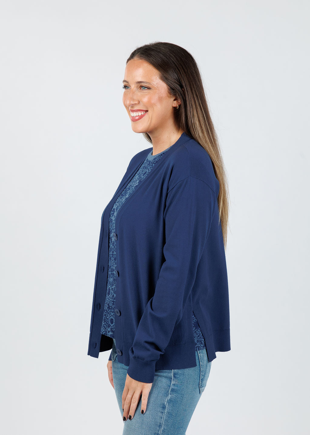 Elliott Lauren Side Vent Cardigan in Caspian available at Barbara Katz