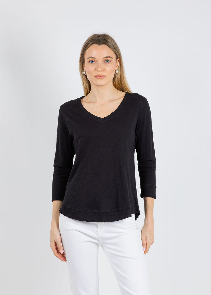 Elliott Lauren Silvie Rib 3/4 Sleeve V-Neck Tee in Black available at Barbara Katz