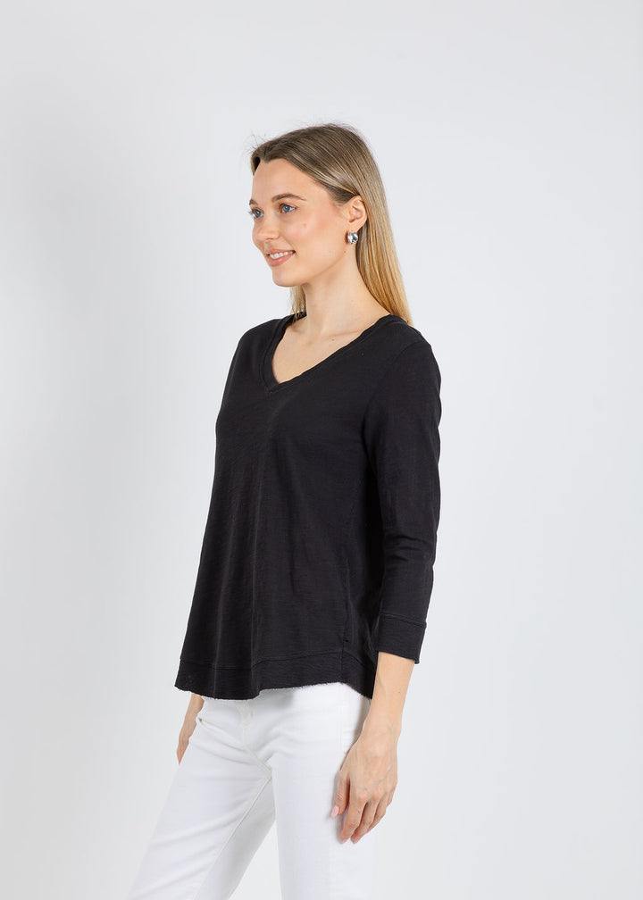 Elliott Lauren Silvie Rib 3/4 Sleeve V-Neck Tee in Black available at Barbara Katz