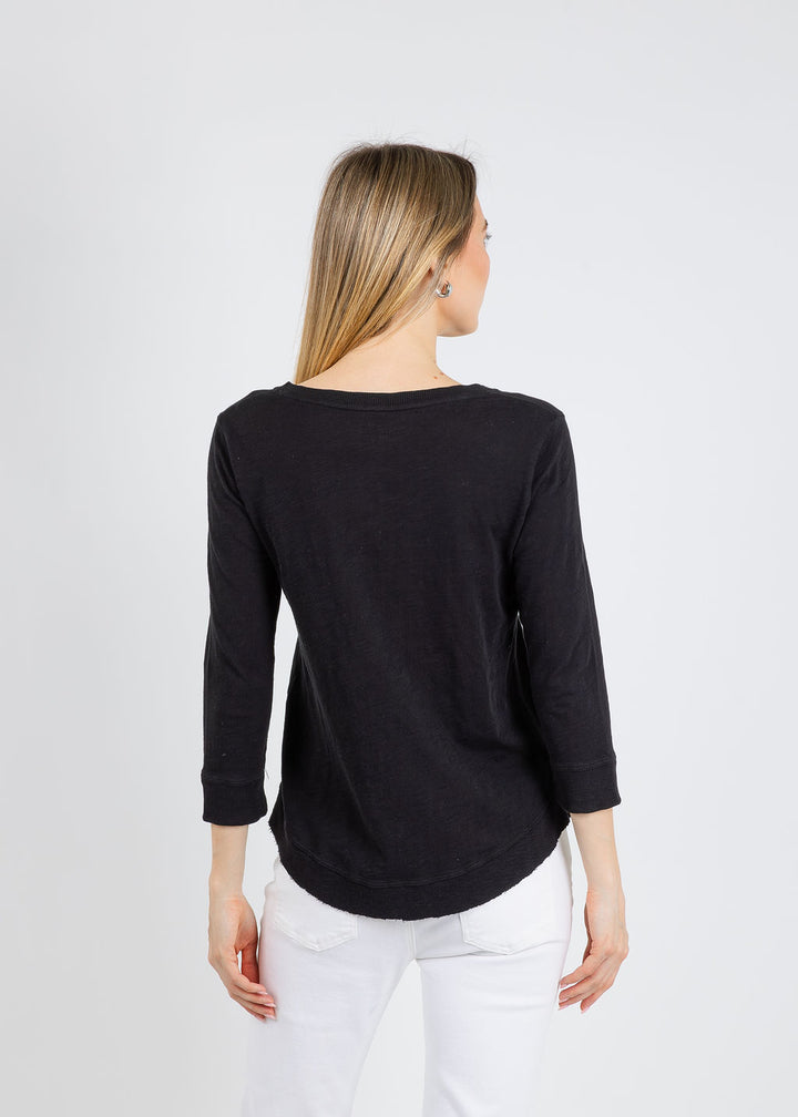 Elliott Lauren Silvie Rib 3/4 Sleeve V-Neck Tee in Black available at Barbara Katz