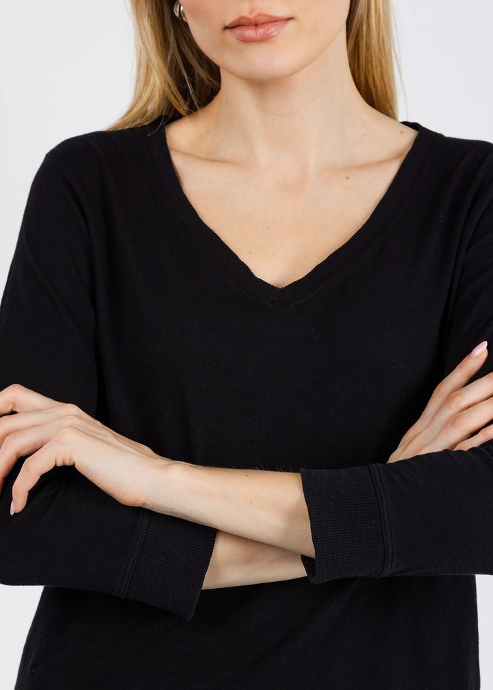 Elliott Lauren Silvie Rib 3/4 Sleeve V-Neck Tee in Black available at Barbara Katz