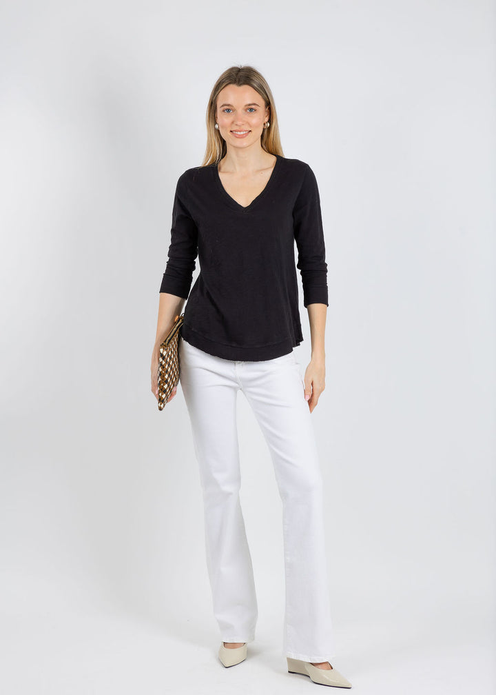 Elliott Lauren Silvie Rib 3/4 Sleeve V-Neck Tee in Black available at Barbara Katz