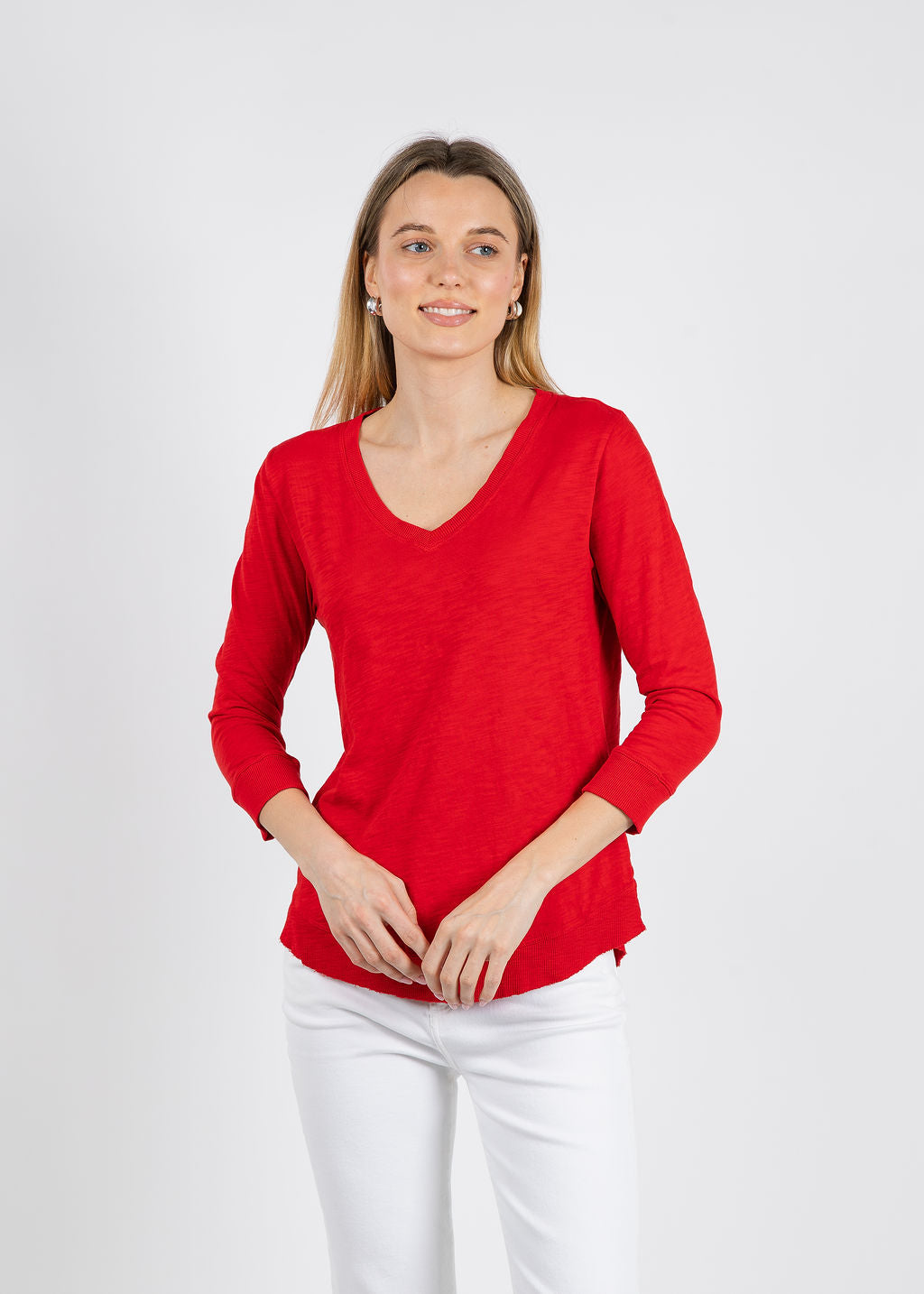 Elliott Lauren Silvie Rib 3/4 Sleeve V-Neck Tee in Cherry available at Barbara Katz
