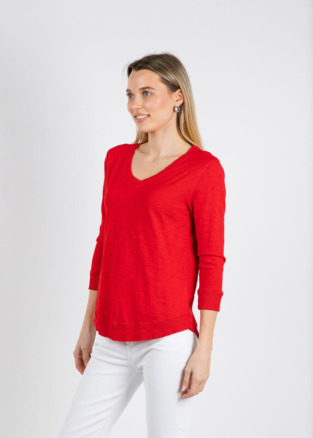 Elliott Lauren Silvie Rib 3/4 Sleeve V-Neck Tee in Cherry available at Barbara Katz