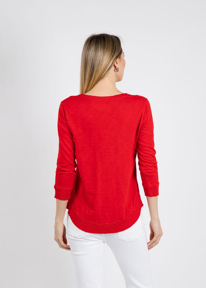 Elliott Lauren Silvie Rib 3/4 Sleeve V-Neck Tee in Cherry available at Barbara Katz