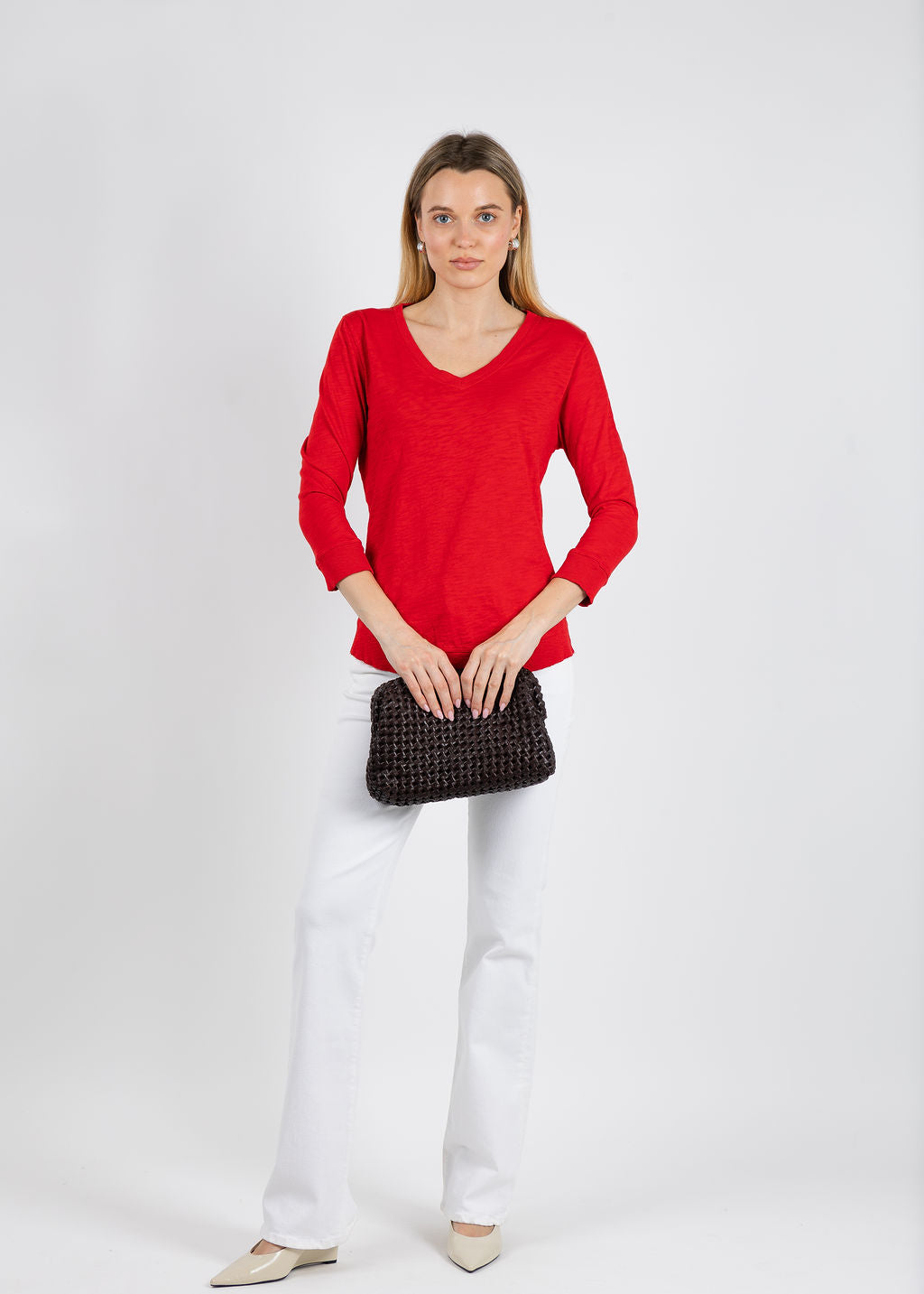 Elliott Lauren Silvie Rib 3/4 Sleeve V-Neck Tee in Cherry available at Barbara Katz