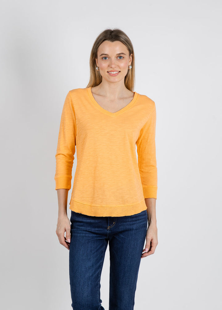 Elliott Lauren Silvie Rib 3/4 Sleeve V-Neck Tee in Creamsicle available at Barbara Katz