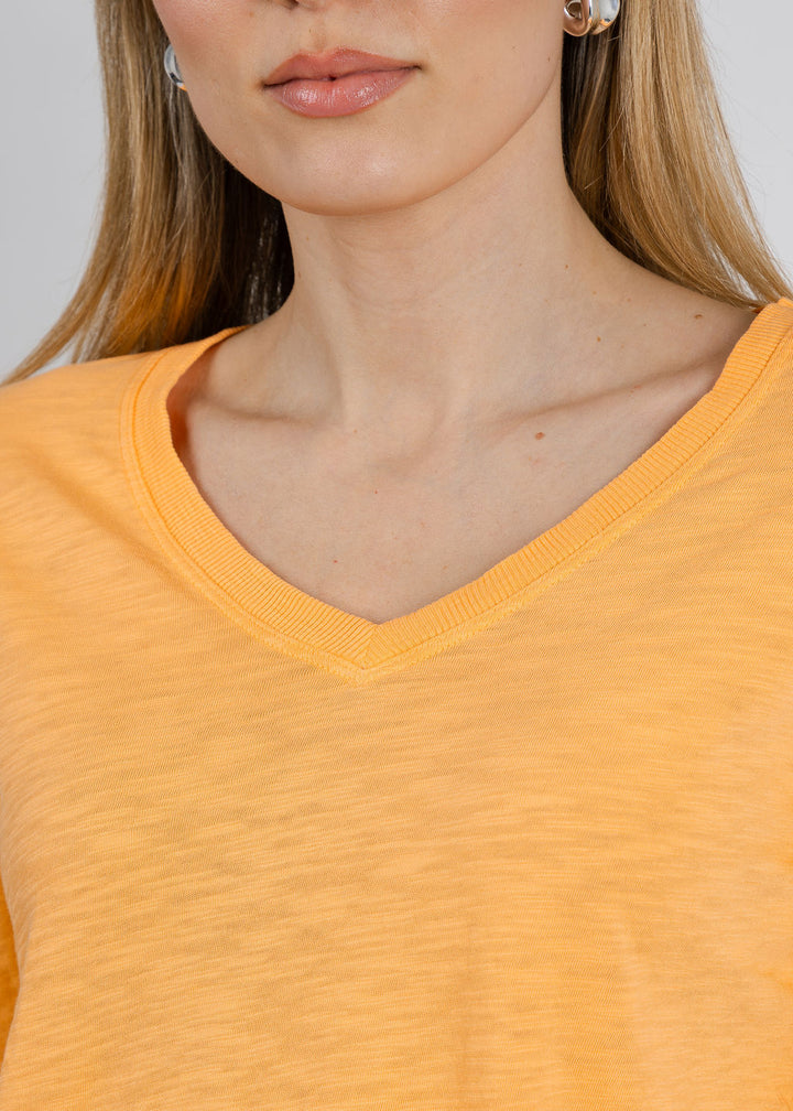 Elliott Lauren Silvie Rib 3/4 Sleeve V-Neck Tee in Creamsicle available at Barbara Katz