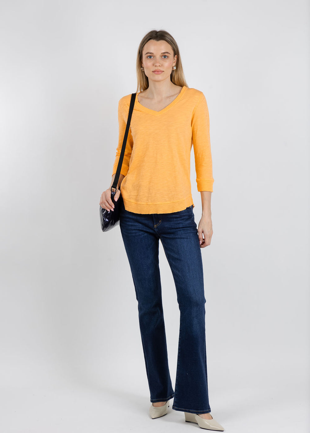 Elliott Lauren Silvie Rib 3/4 Sleeve V-Neck Tee in Creamsicle available at Barbara Katz