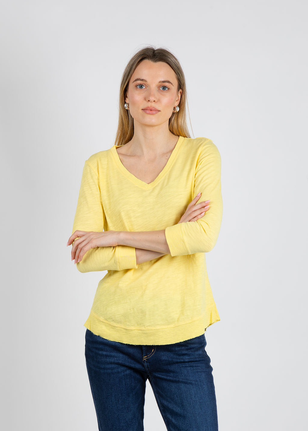 Elliott Lauren Silvie Rib 3/4 Sleeve V-Neck Tee in Daffodil available at Barbara Katz