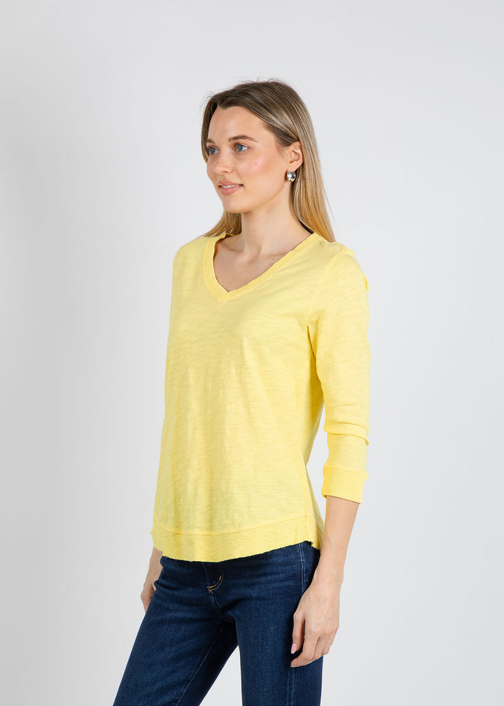 Elliott Lauren Silvie Rib 3/4 Sleeve V-Neck Tee in Daffodil available at Barbara Katz