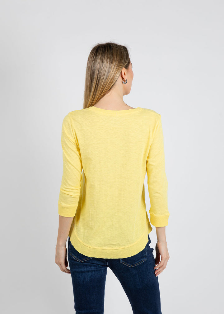 Elliott Lauren Silvie Rib 3/4 Sleeve V-Neck Tee in Daffodil available at Barbara Katz