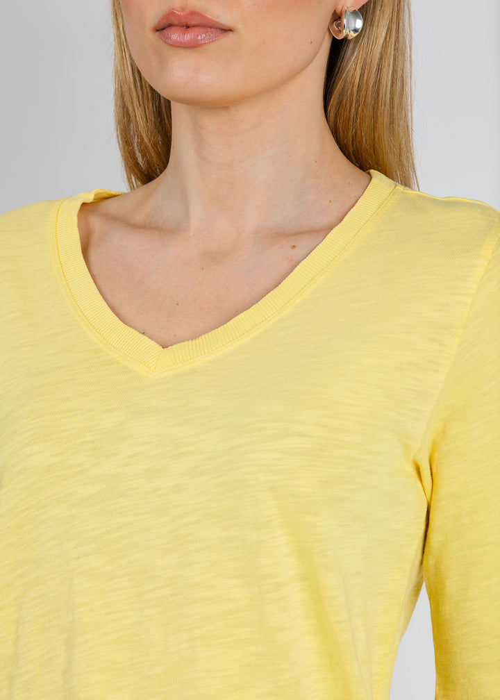 Elliott Lauren Silvie Rib 3/4 Sleeve V-Neck Tee in Daffodil available at Barbara Katz