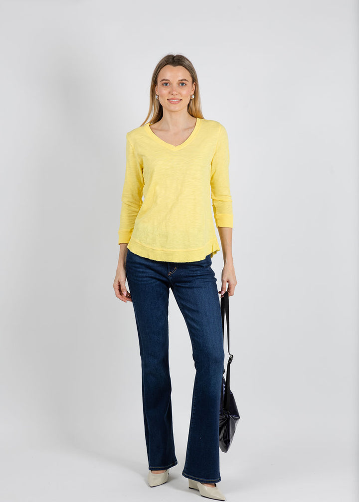 Elliott Lauren Silvie Rib 3/4 Sleeve V-Neck Tee in Daffodil available at Barbara Katz