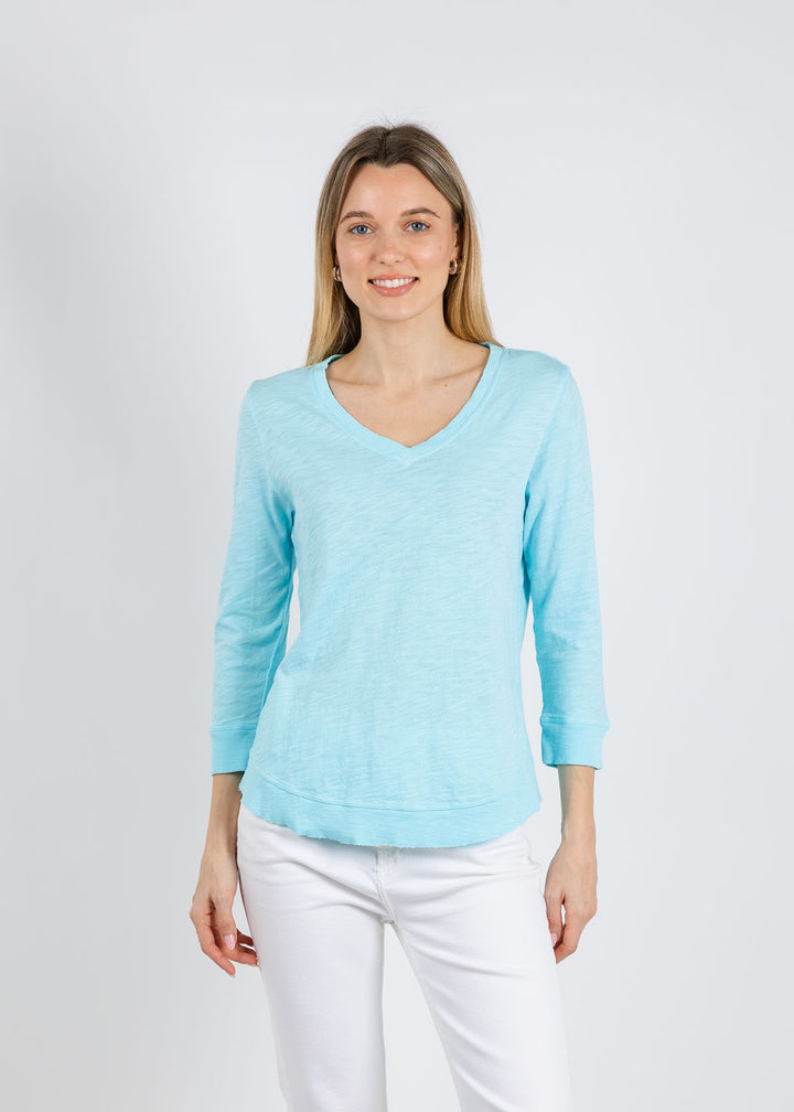 Elliott Lauren Silvie Rib 3/4 Sleeve V-Neck Tee in Island available at Barbara Katz