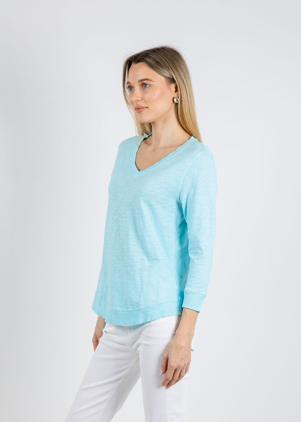 Elliott Lauren Silvie Rib 3/4 Sleeve V-Neck Tee in Island available at Barbara Katz