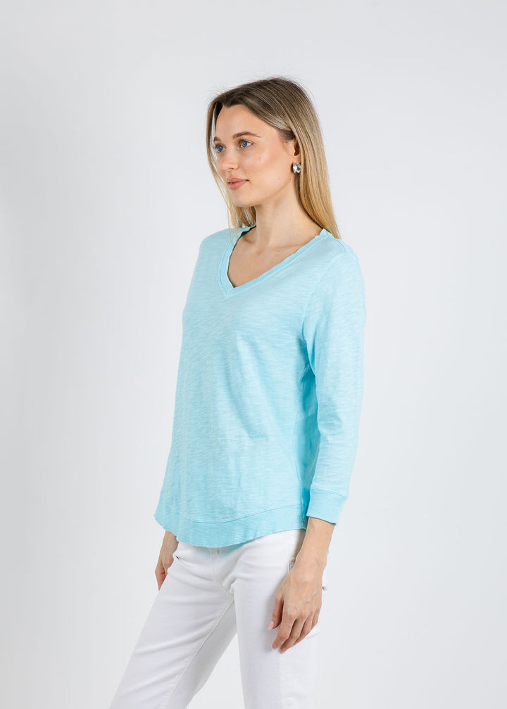 Elliott Lauren Silvie Rib 3/4 Sleeve V-Neck Tee in Island available at Barbara Katz