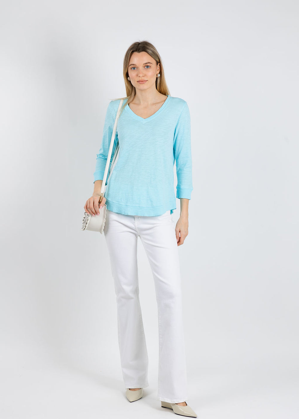 Elliott Lauren Silvie Rib 3/4 Sleeve V-Neck Tee in Island available at Barbara Katz