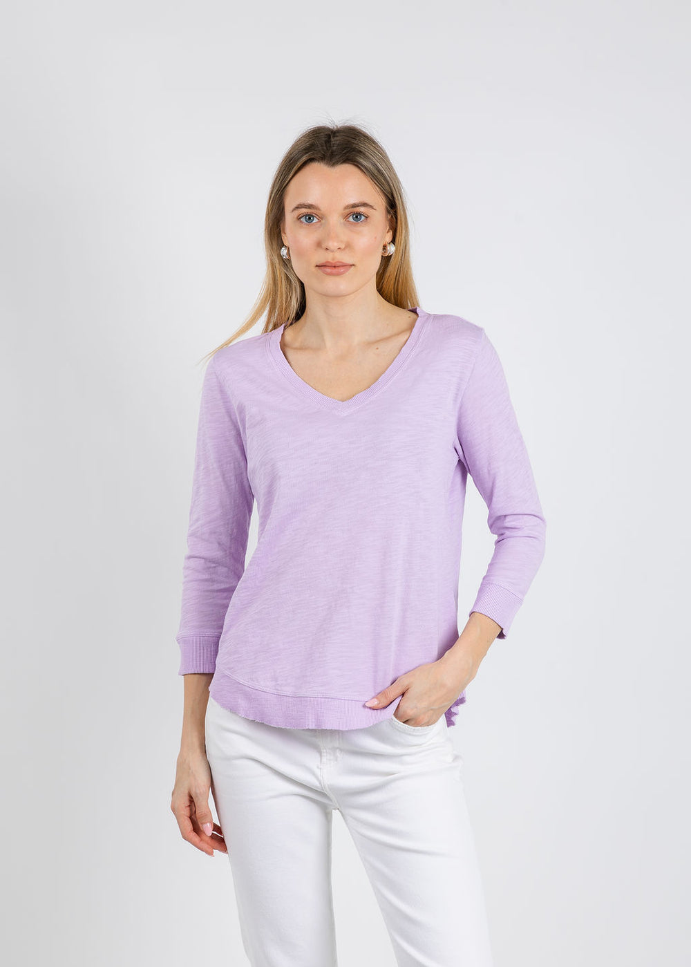 Elliott Lauren Silvie Rib 3/4 Sleeve V-Neck Tee in Lavender available at Barbara Katz