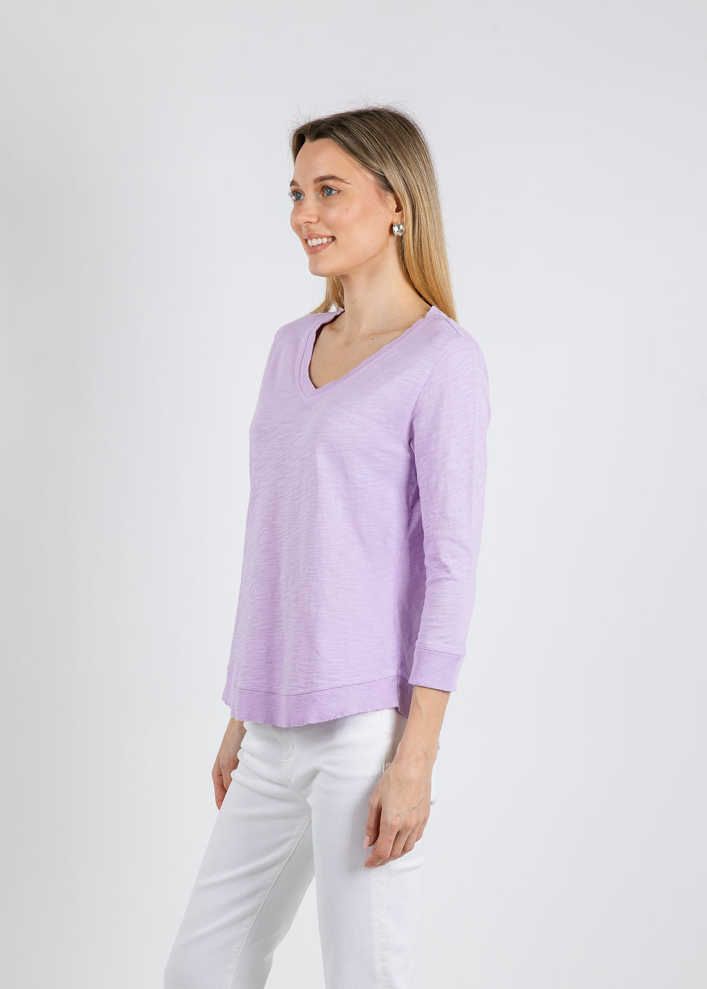 Elliott Lauren Silvie Rib 3/4 Sleeve V-Neck Tee in Lavender available at Barbara Katz