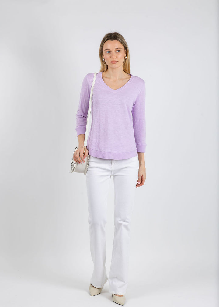 Elliott Lauren Silvie Rib 3/4 Sleeve V-Neck Tee in Lavender available at Barbara Katz