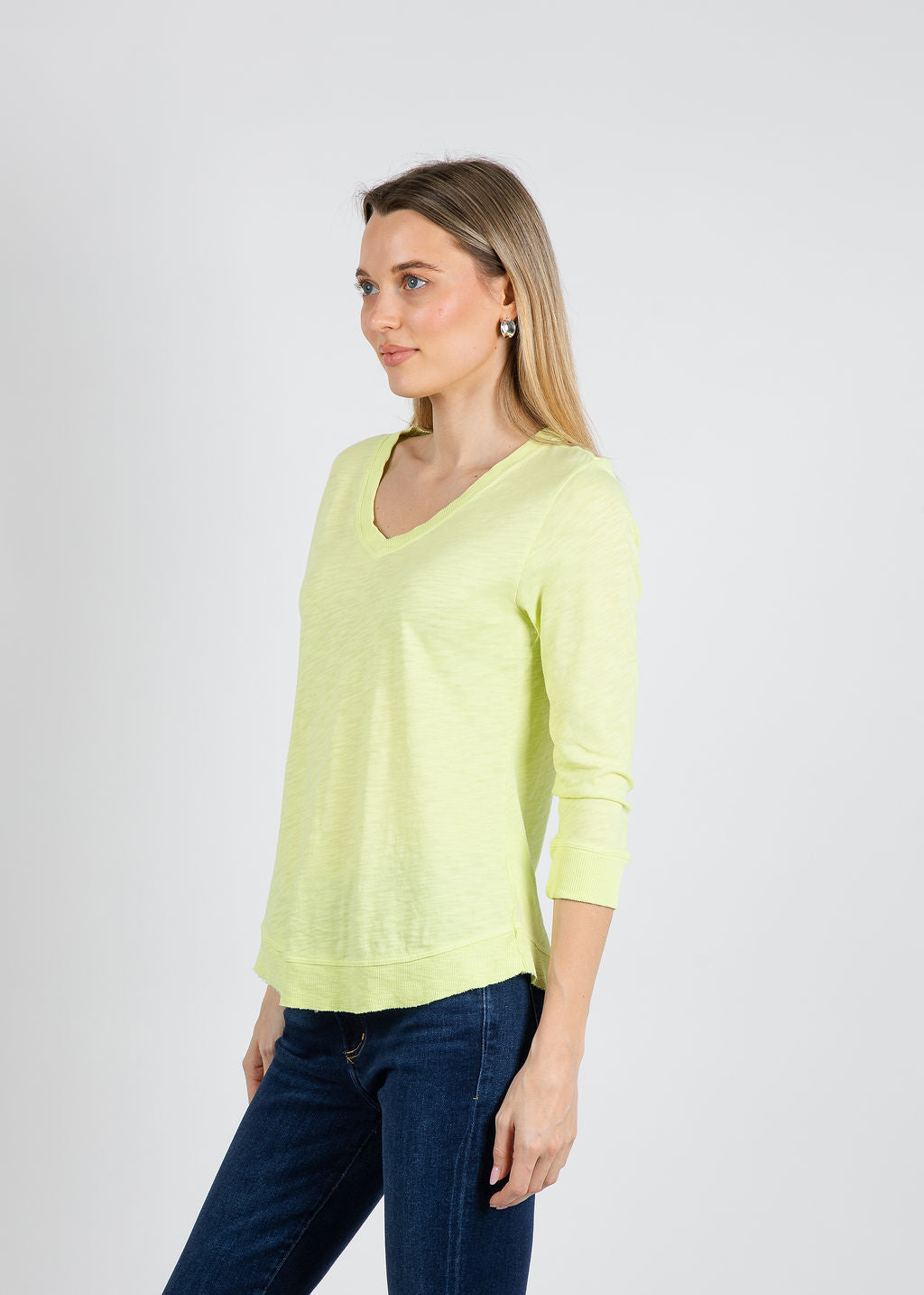 Elliott Lauren Silvie Rib 3/4 Sleeve V-Neck Tee in Mojito available at Barbara Katz