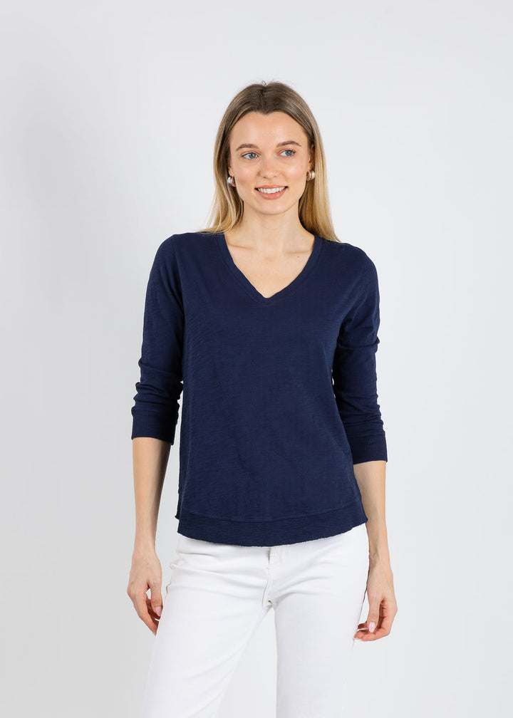 Elliott Lauren Silvie Rib 3/4 Sleeve V-Neck Tee in Navy available at Barbara Katz