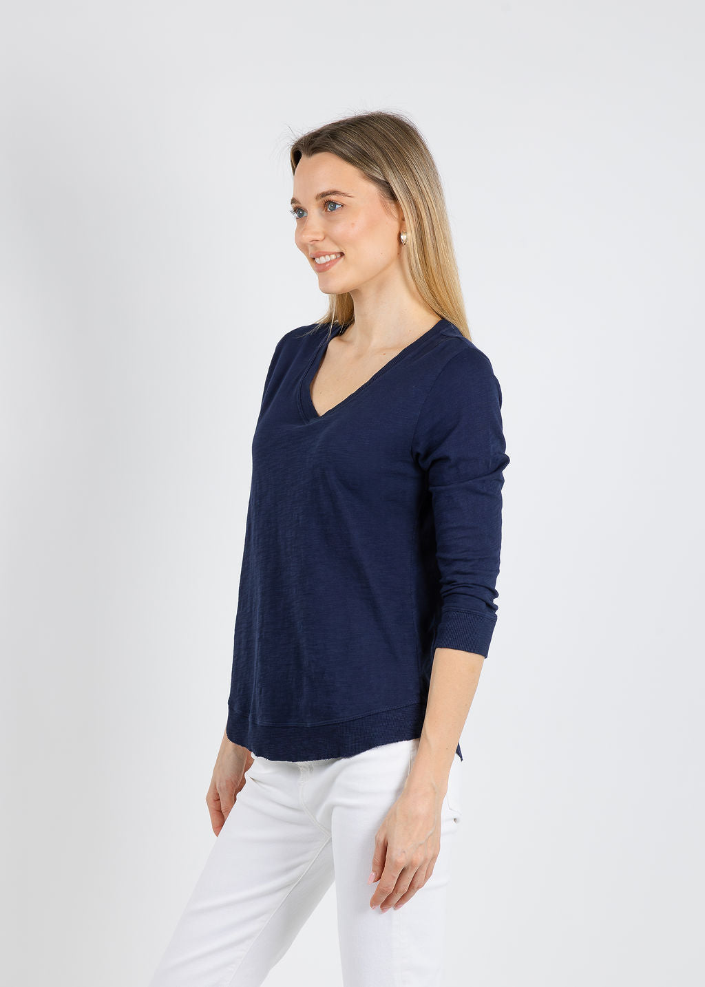 Elliott Lauren Silvie Rib 3/4 Sleeve V-Neck Tee in Navy available at Barbara Katz