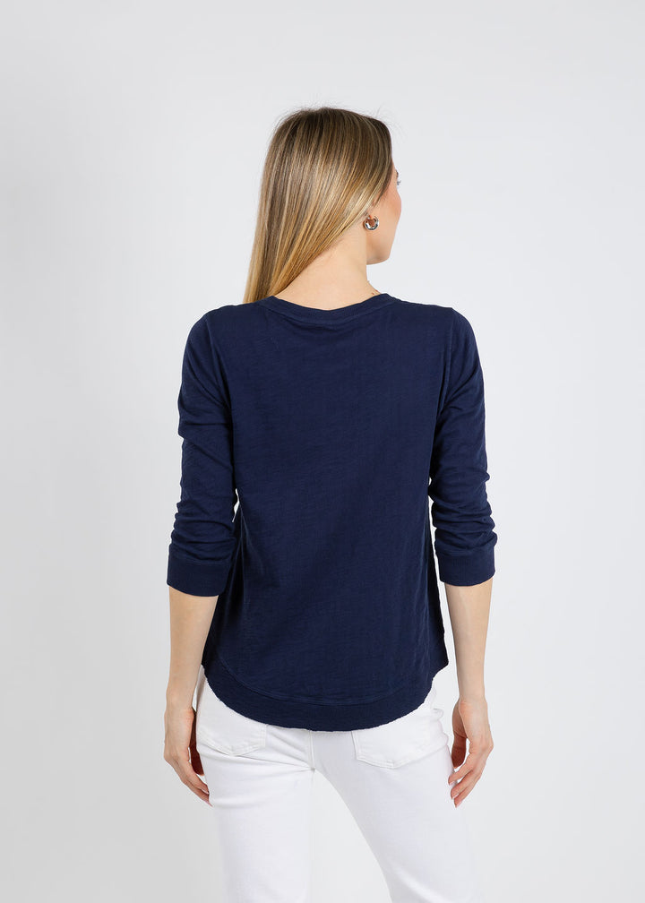 Elliott Lauren Silvie Rib 3/4 Sleeve V-Neck Tee in Navy available at Barbara Katz
