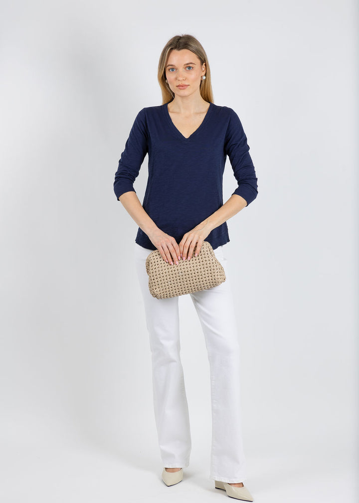 Elliott Lauren Silvie Rib 3/4 Sleeve V-Neck Tee in Navy available at Barbara Katz