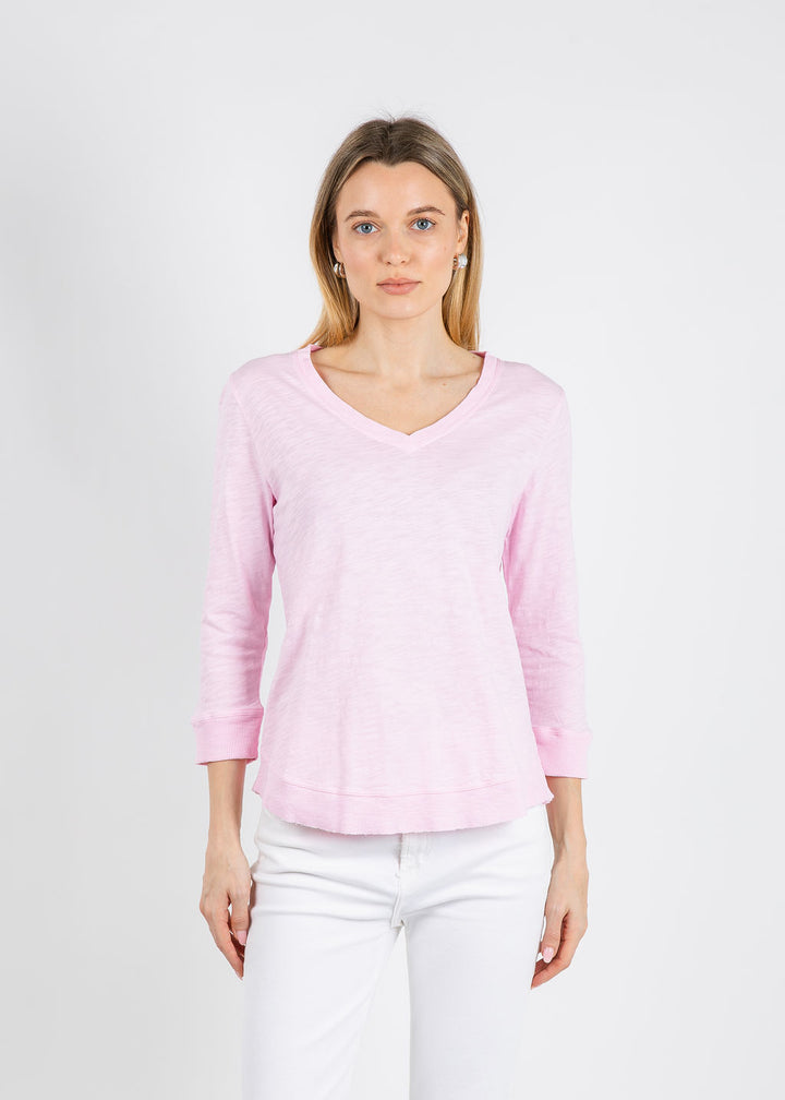 Elliott Lauren Silvie Rib 3/4 Sleeve V-Neck Tee in Petal available at Barbara Katz