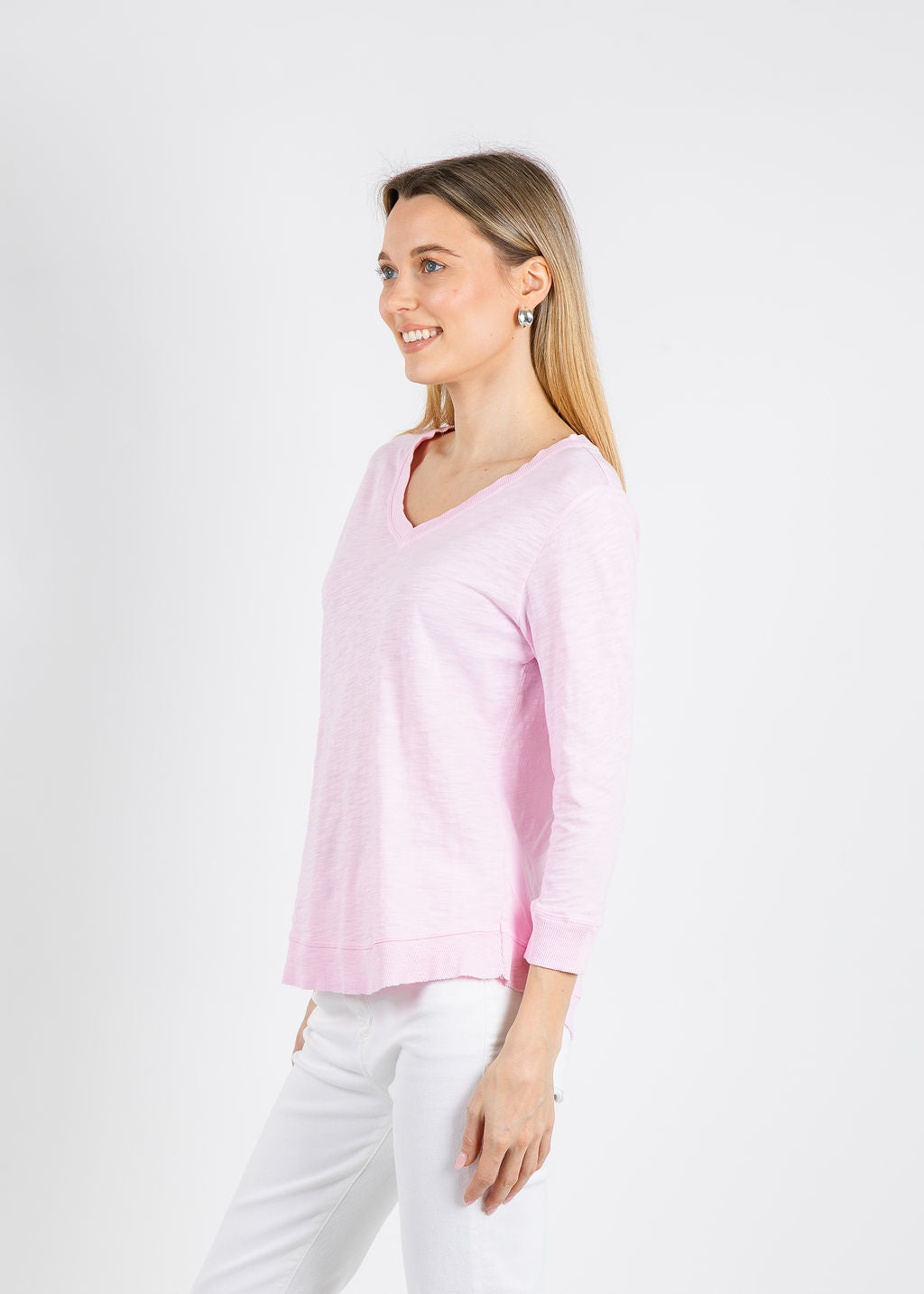 Elliott Lauren Silvie Rib 3/4 Sleeve V-Neck Tee in Petal available at Barbara Katz