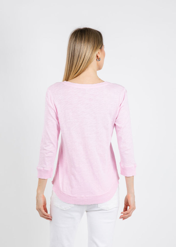 Elliott Lauren Silvie Rib 3/4 Sleeve V-Neck Tee in Petal available at Barbara Katz