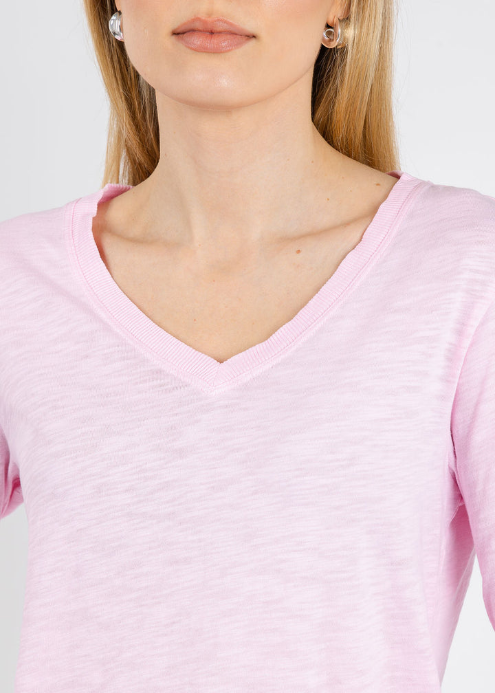 Elliott Lauren Silvie Rib 3/4 Sleeve V-Neck Tee in Petal available at Barbara Katz