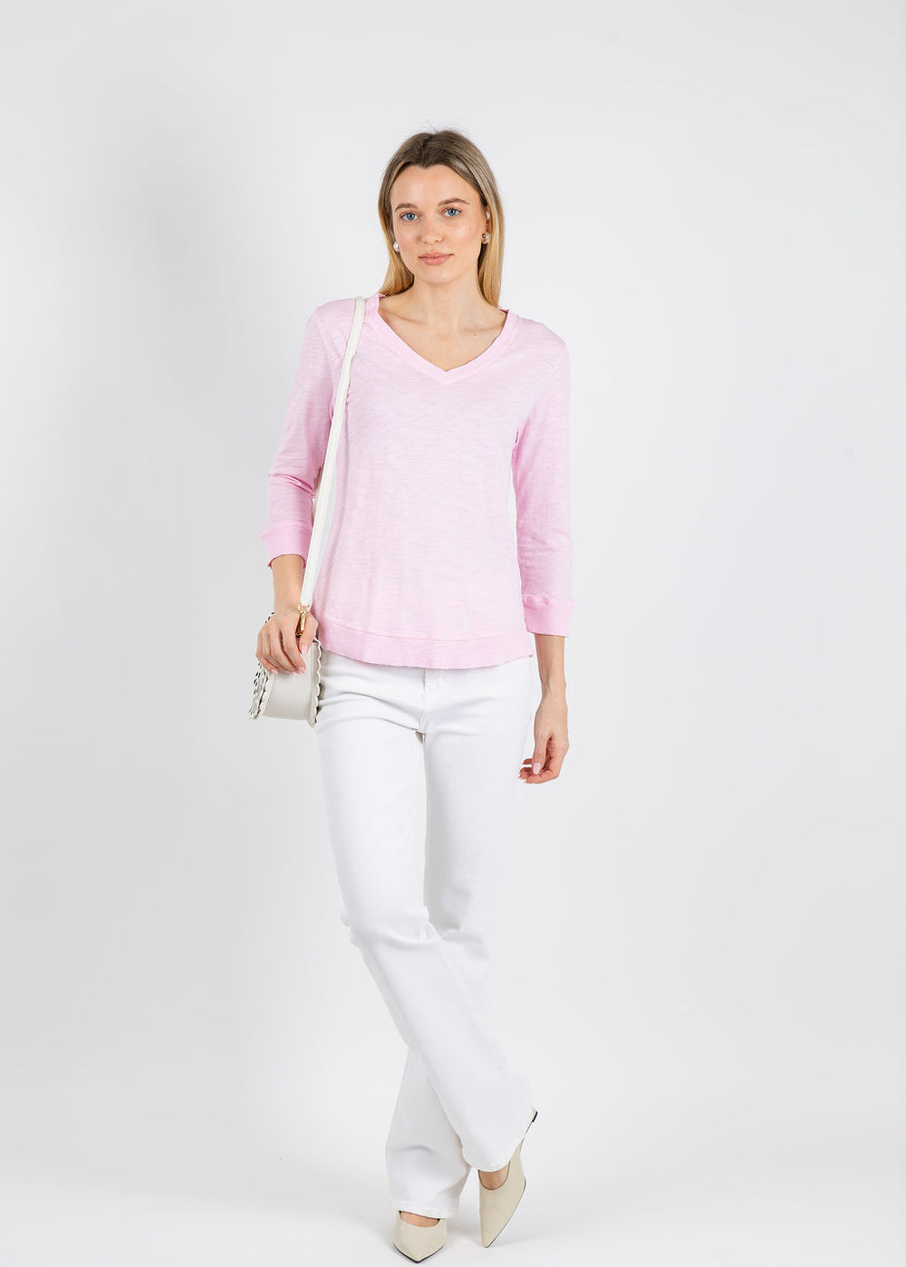 Elliott Lauren Silvie Rib 3/4 Sleeve V-Neck Tee in Petal available at Barbara Katz