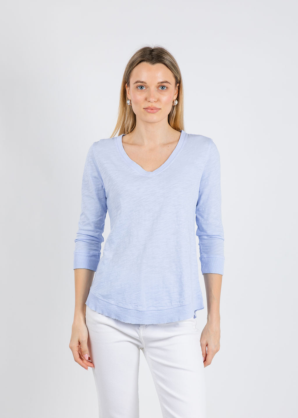 Elliott Lauren Silvie Rib 3/4 Sleeve V-Neck Tee in Sky Blue available at Barbara Katz
