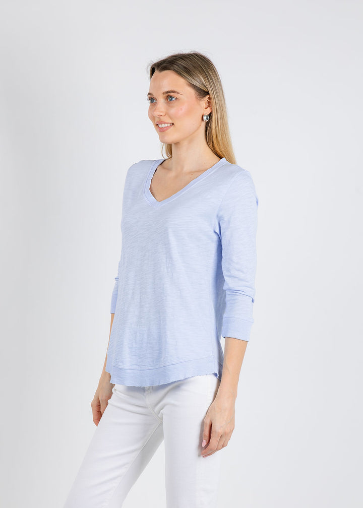 Elliott Lauren Silvie Rib 3/4 Sleeve V-Neck Tee in Sky Blue available at Barbara Katz