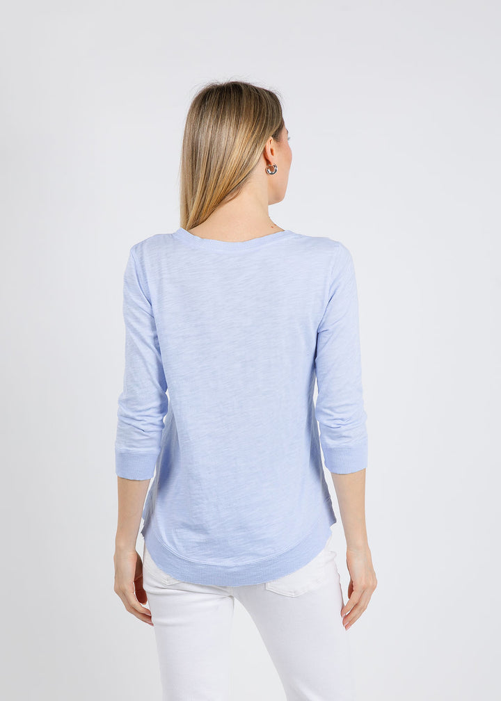 Elliott Lauren Silvie Rib 3/4 Sleeve V-Neck Tee in Sky Blue available at Barbara Katz